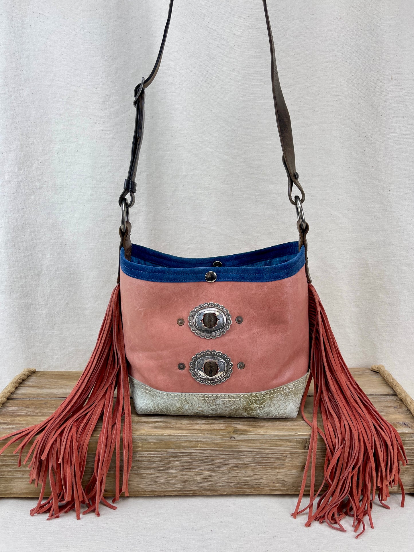 Mini Bucket - Vintage Leather - Fringed with Conchos