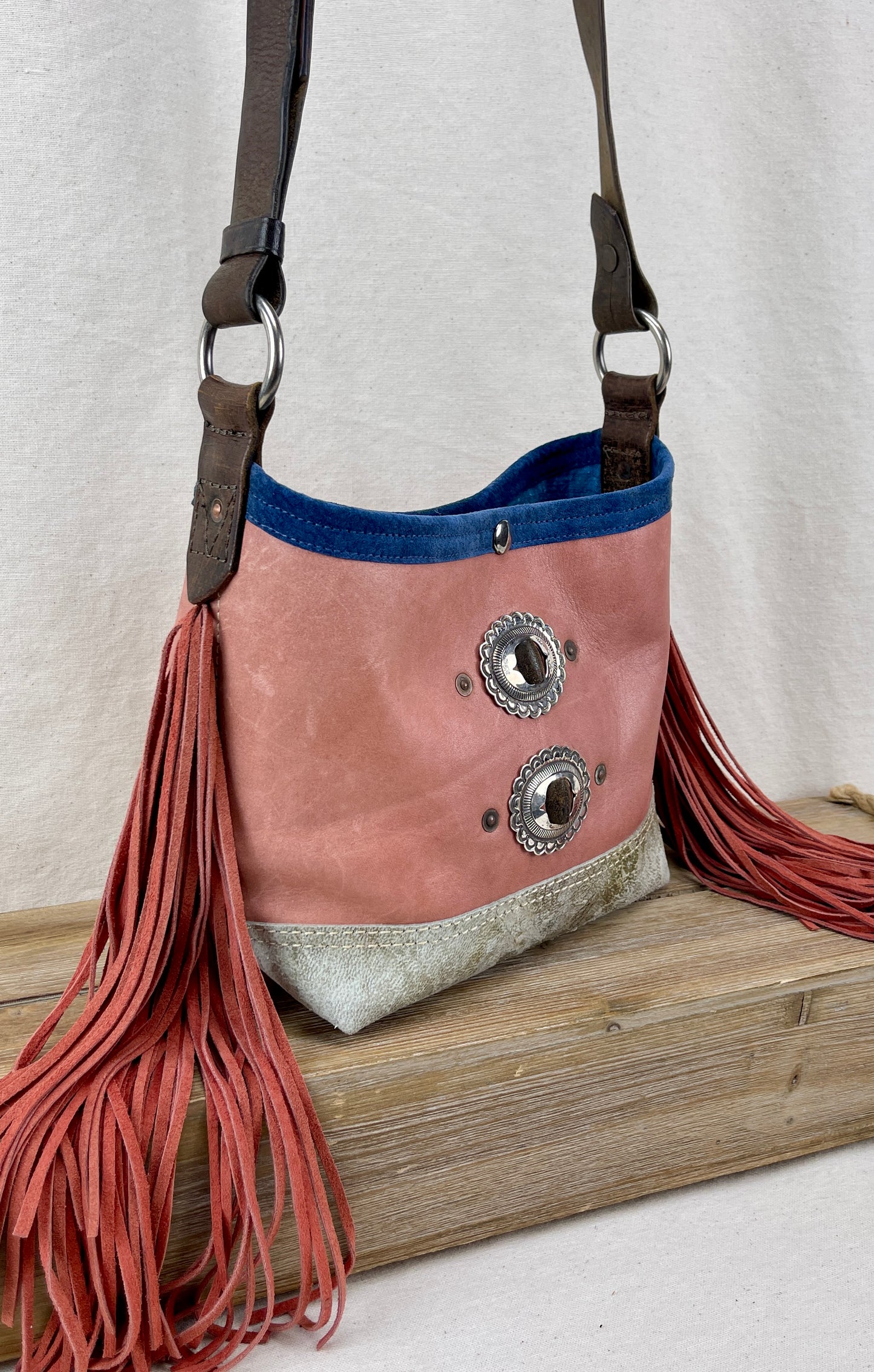 Mini Bucket - Vintage Leather - Fringed with Conchos