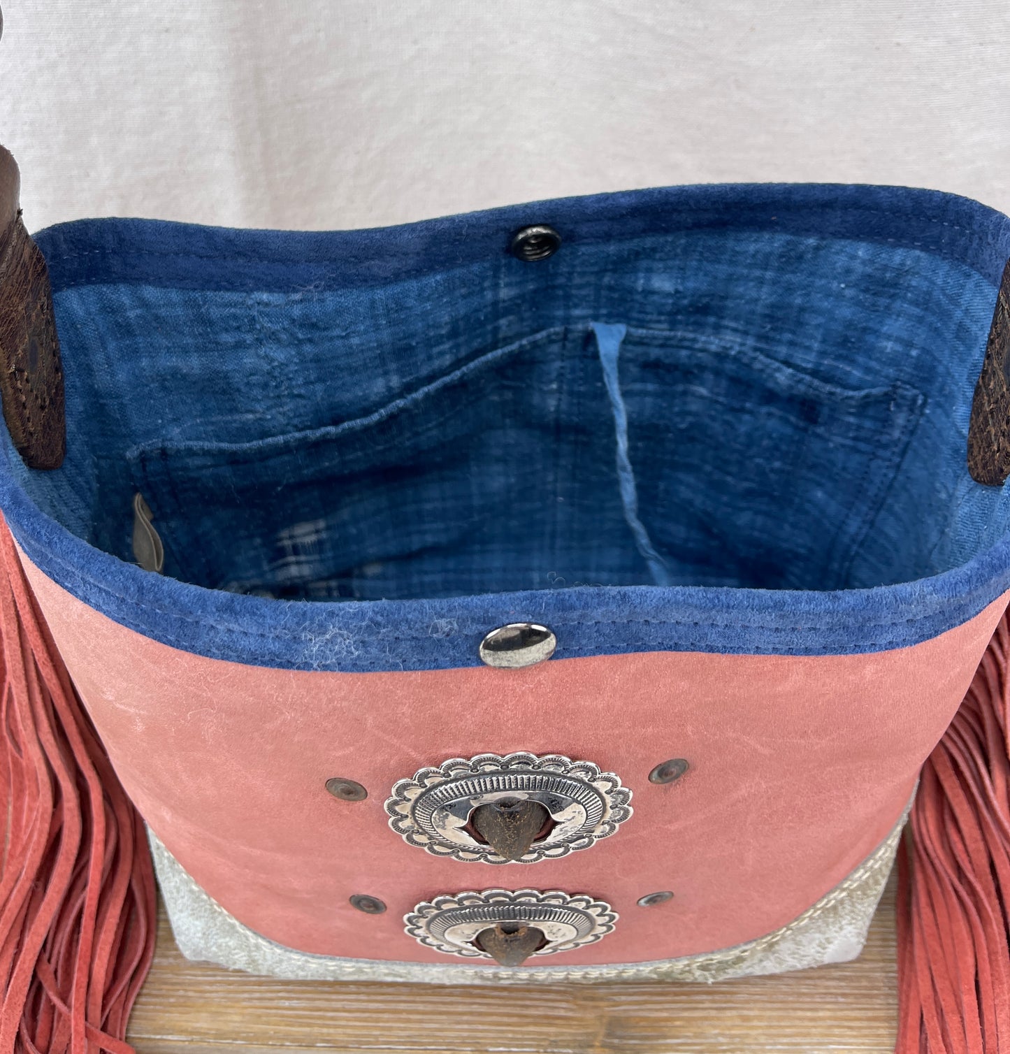 Mini Bucket - Vintage Leather - Fringed with Conchos