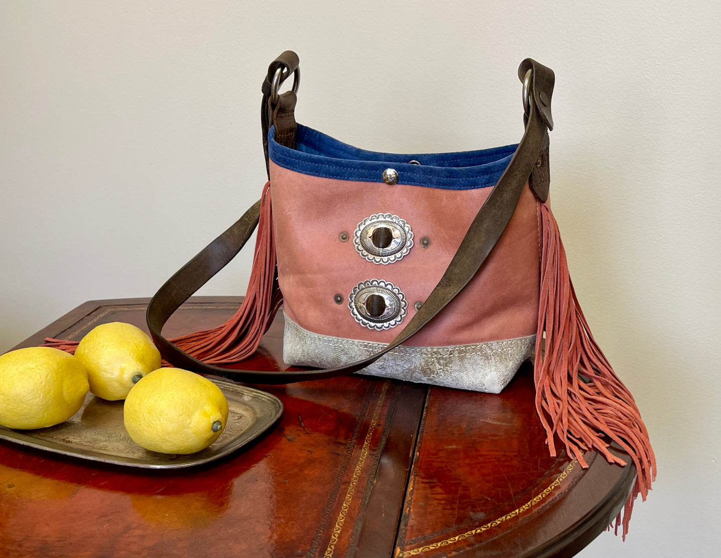 Mini Bucket - Vintage Leather - Fringed with Conchos