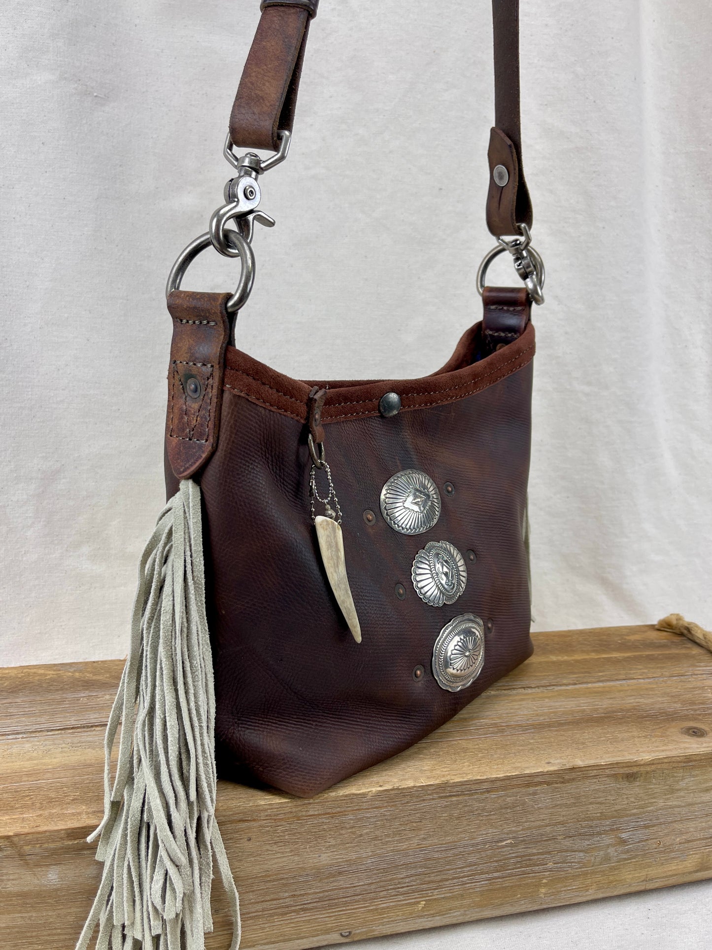 Mini Bucket - Vintage Leather - Fringed with Conchos