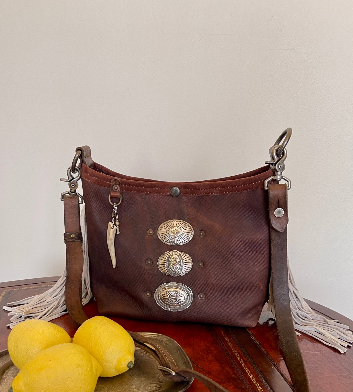Mini Bucket - Vintage Leather - Fringed with Conchos