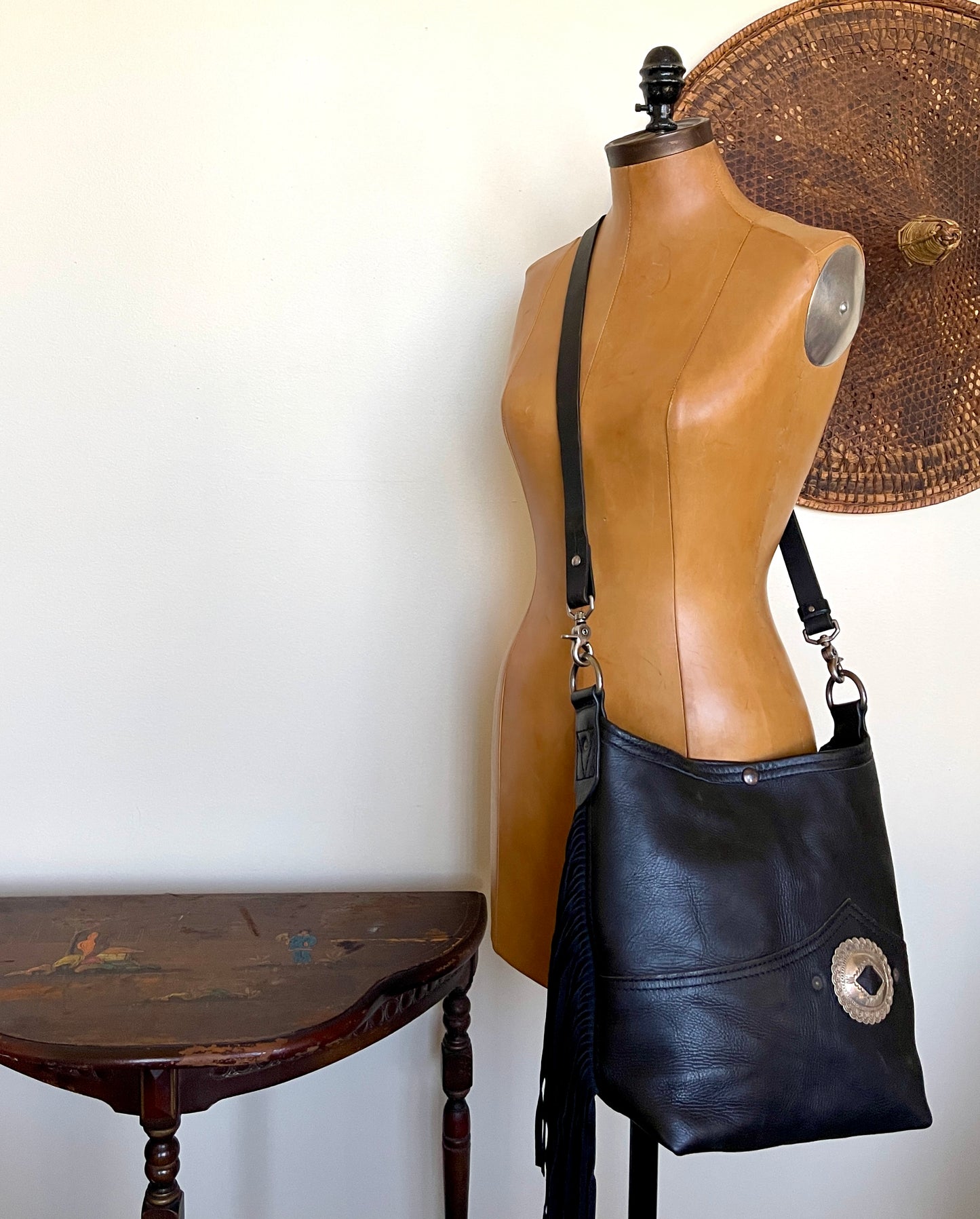 Bucket - Vintage Black Leather - Fringed with Concho