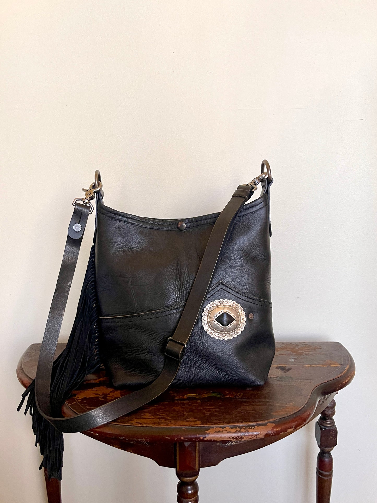 Bucket - Vintage Black Leather - Fringed with Concho