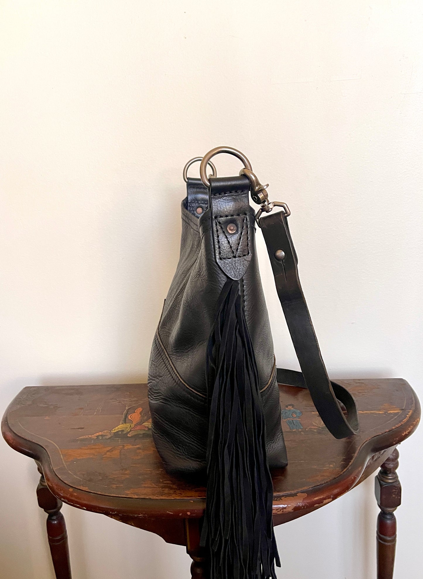 Bucket - Vintage Black Leather - Fringed with Concho