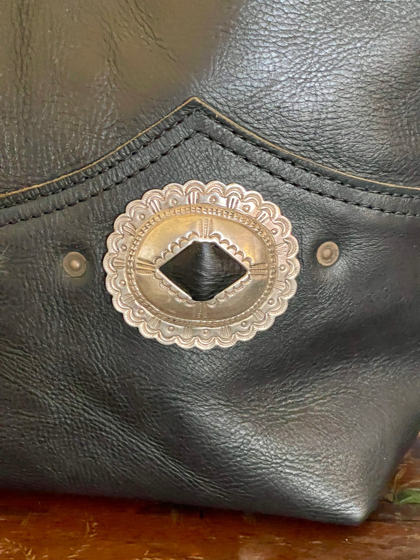 Bucket - Vintage Black Leather - Fringed with Concho