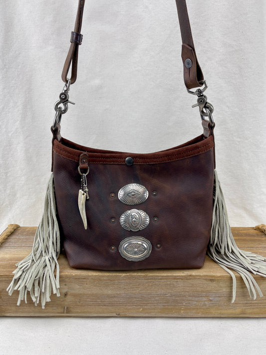 Mini Bucket - Vintage Leather - Fringed with Conchos