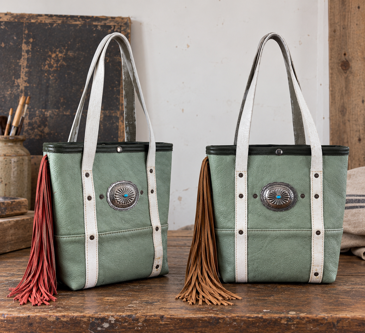 Fringed Vintage Leather Mini Tote - Saddle Tan