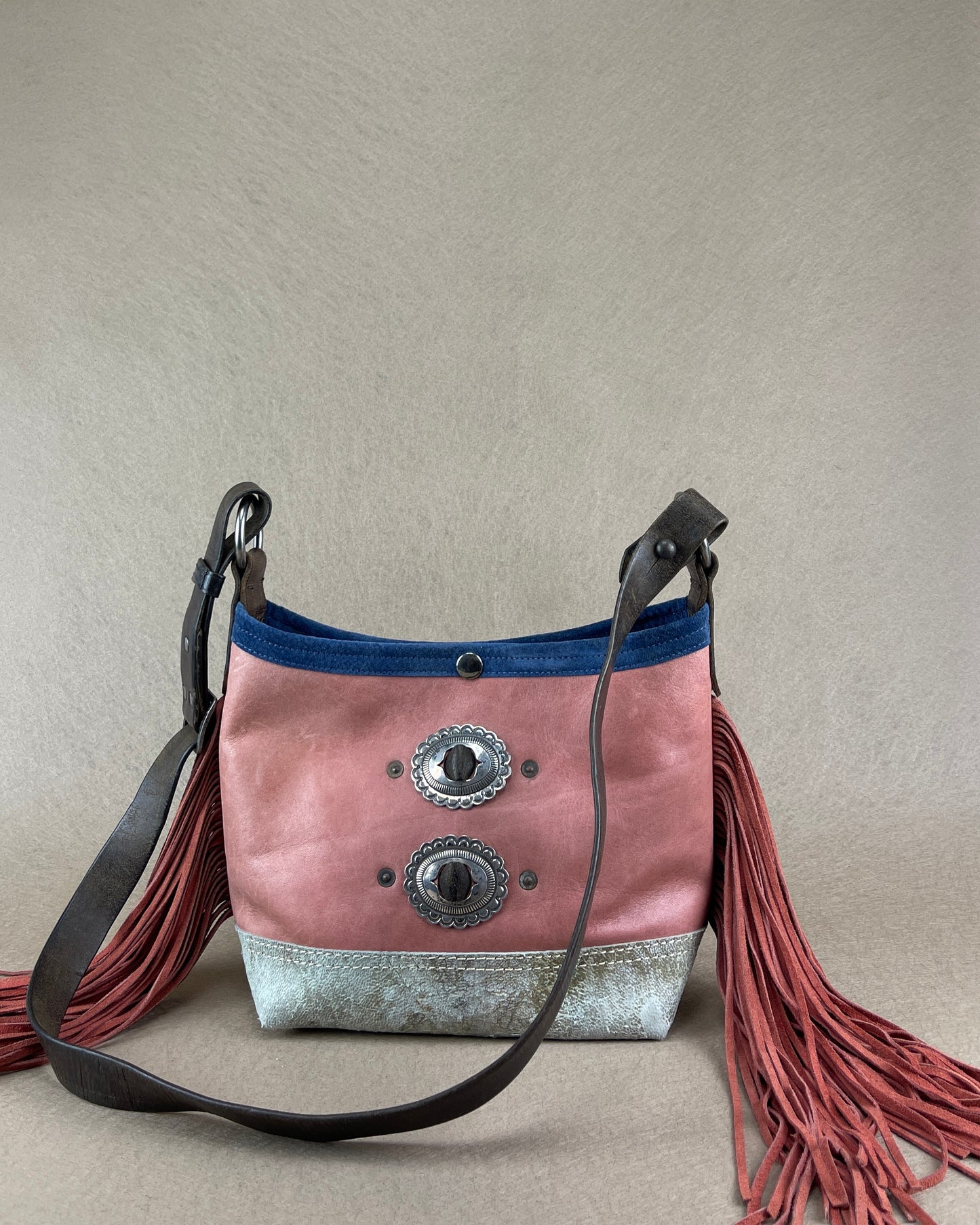 Mini Bucket - Vintage Leather - Fringed with Conchos