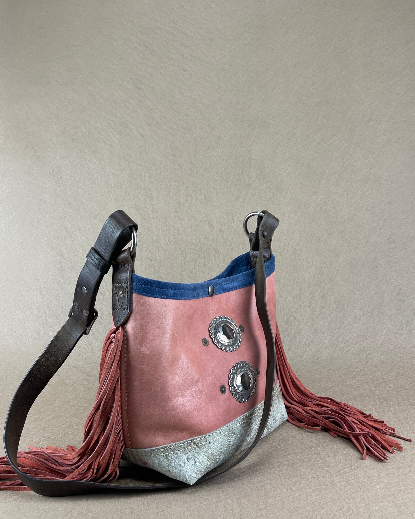 Mini Bucket - Vintage Leather - Fringed with Conchos