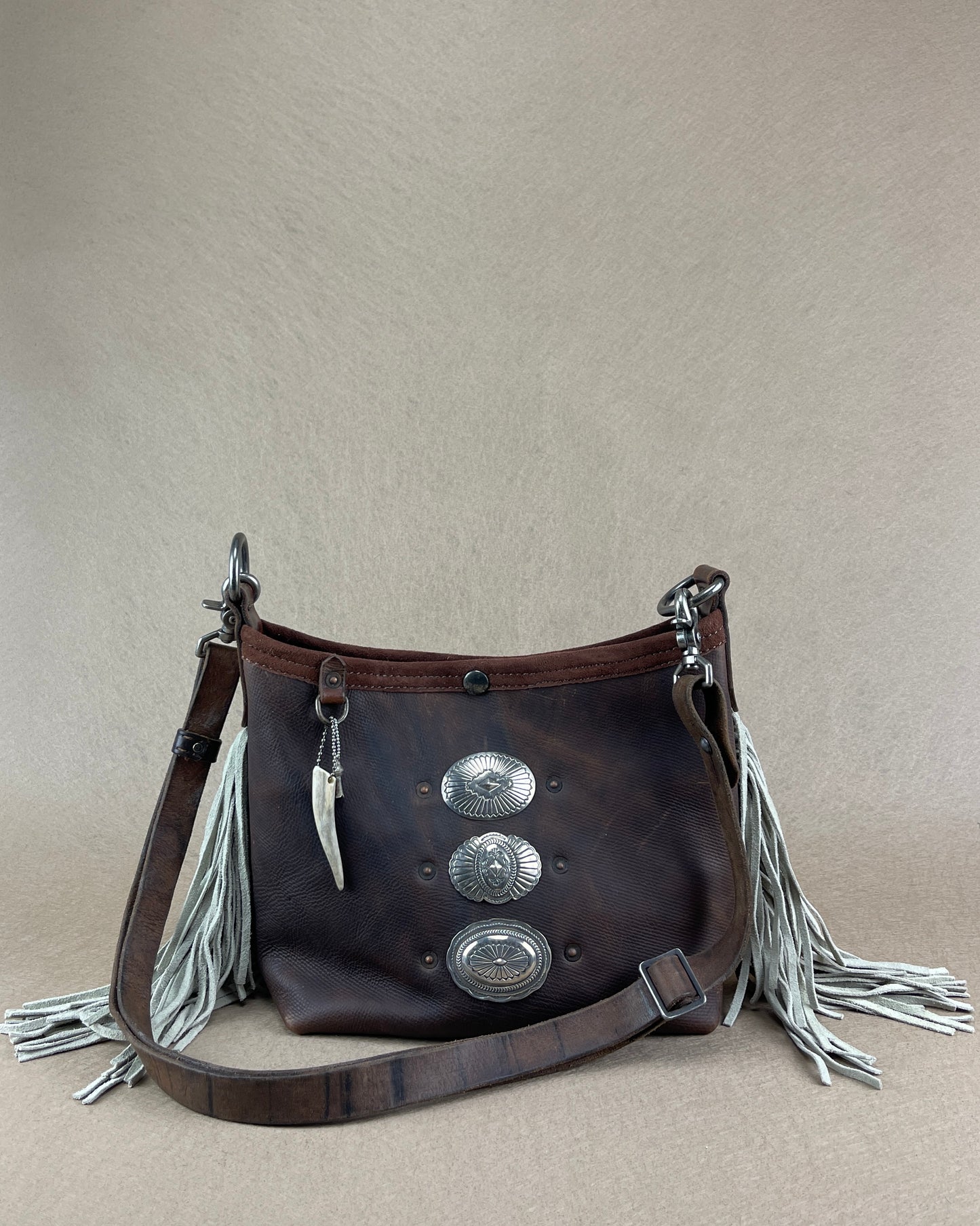 Mini Bucket - Vintage Leather - Fringed with Conchos