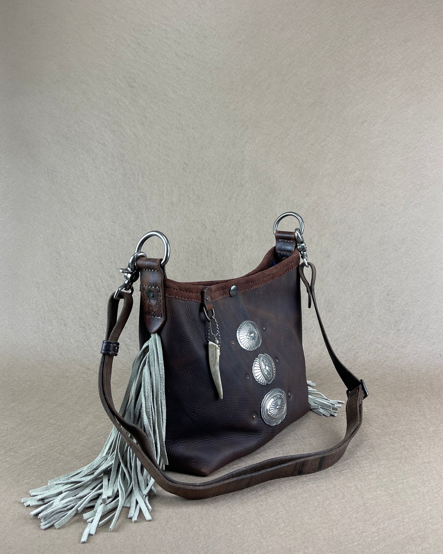 Mini Bucket - Vintage Leather - Fringed with Conchos