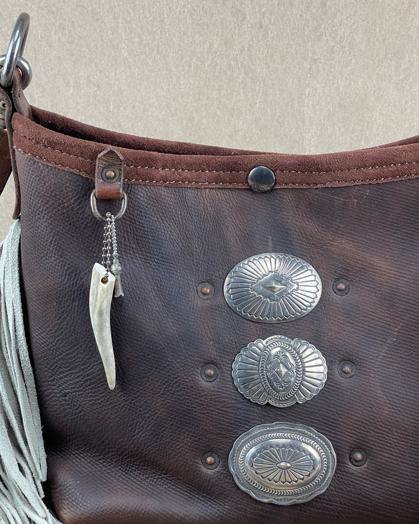 Mini Bucket - Vintage Leather - Fringed with Conchos