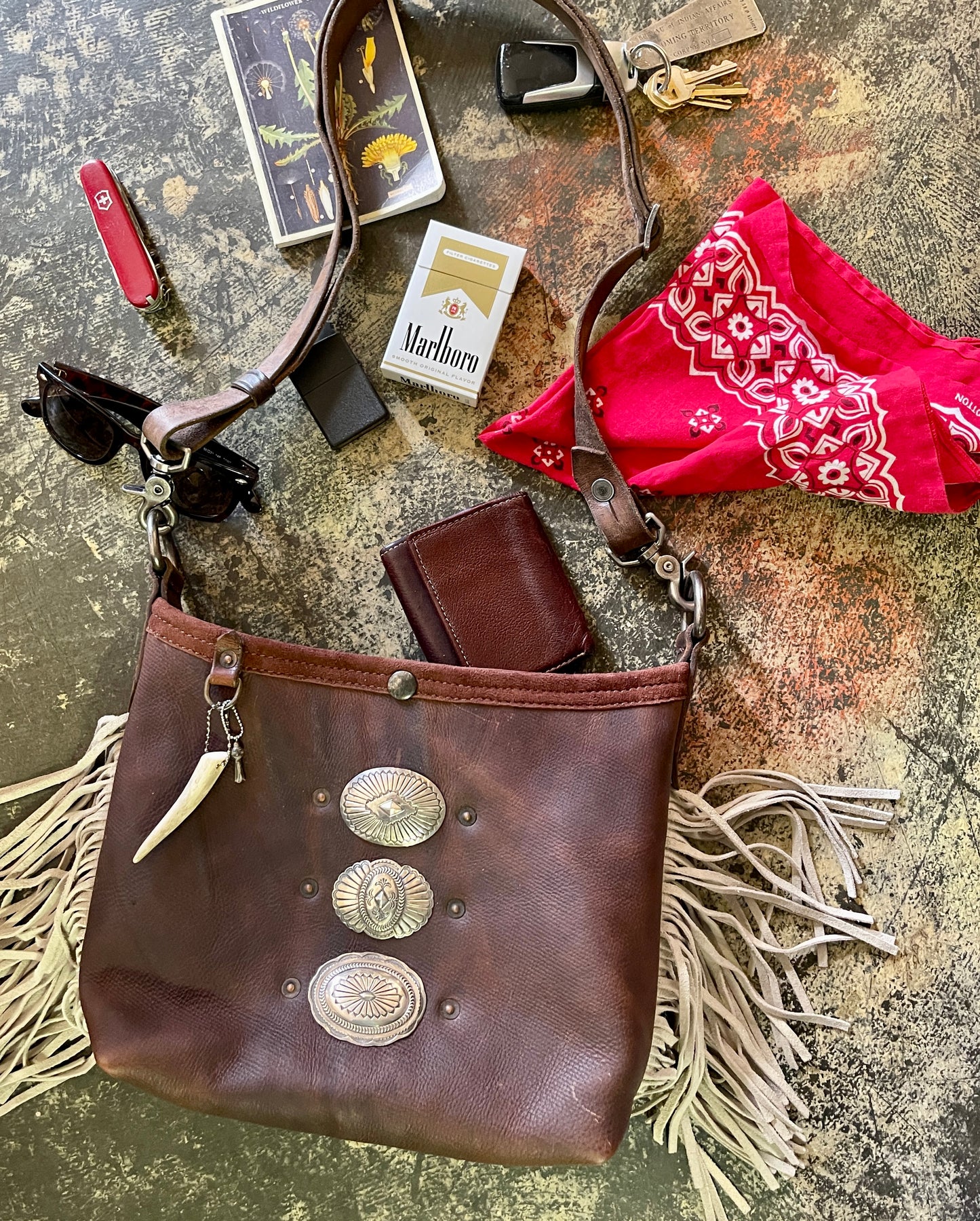 Mini Bucket - Vintage Leather - Fringed with Conchos