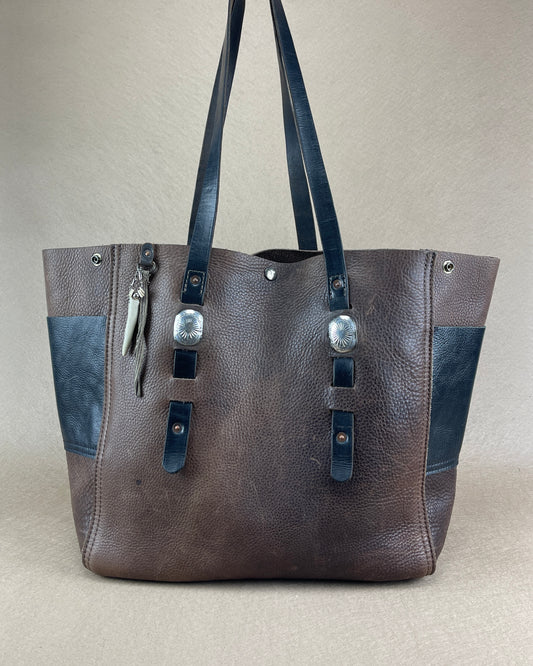 XL Tote - Chocolate x Black Vintage Chaps Leather with Conchos