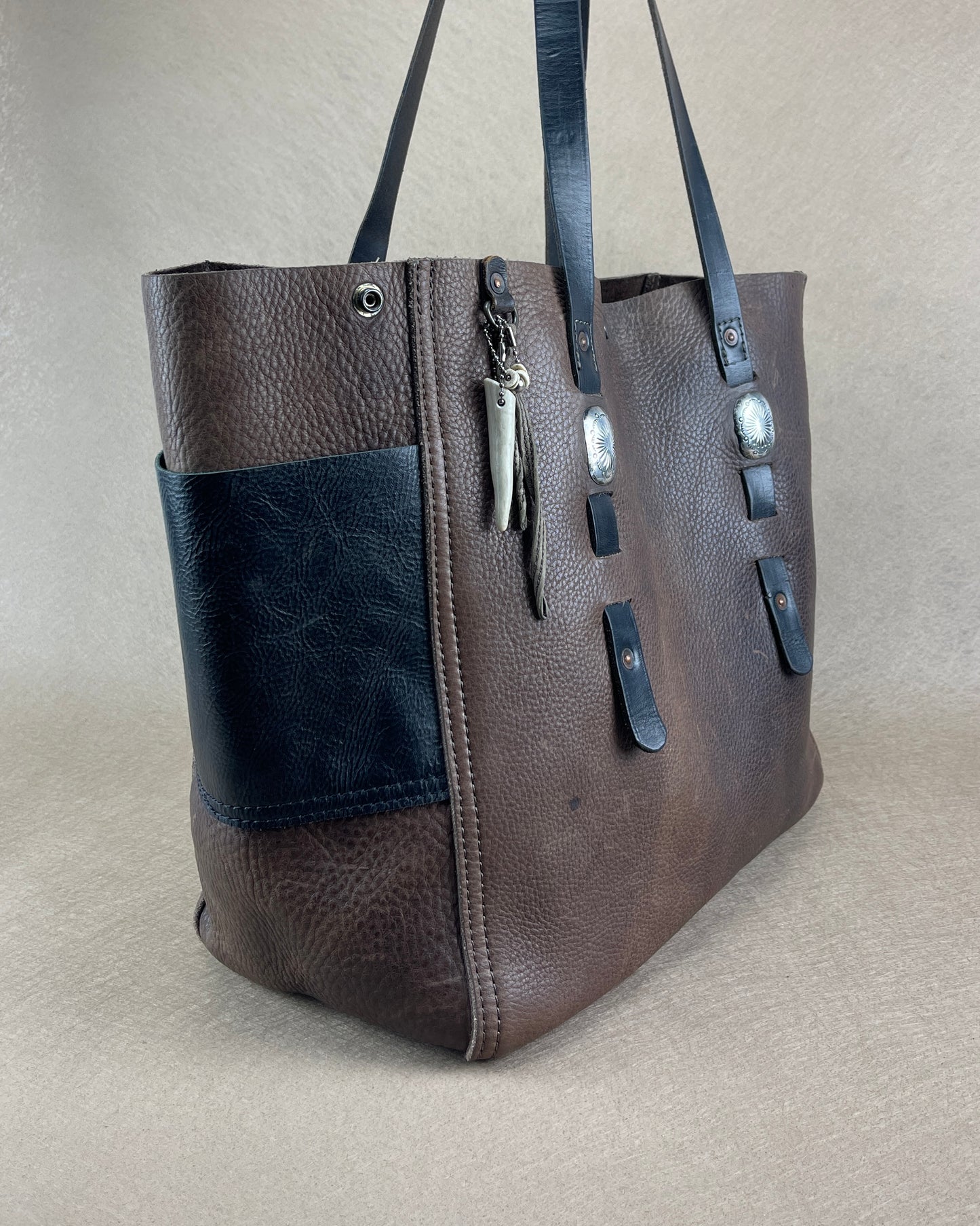 XL Tote - Chocolate x Black Vintage Chaps Leather with Conchos