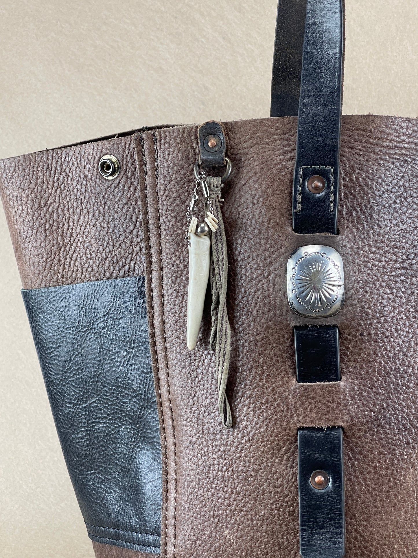 XL Tote - Chocolate x Black Vintage Chaps Leather with Conchos