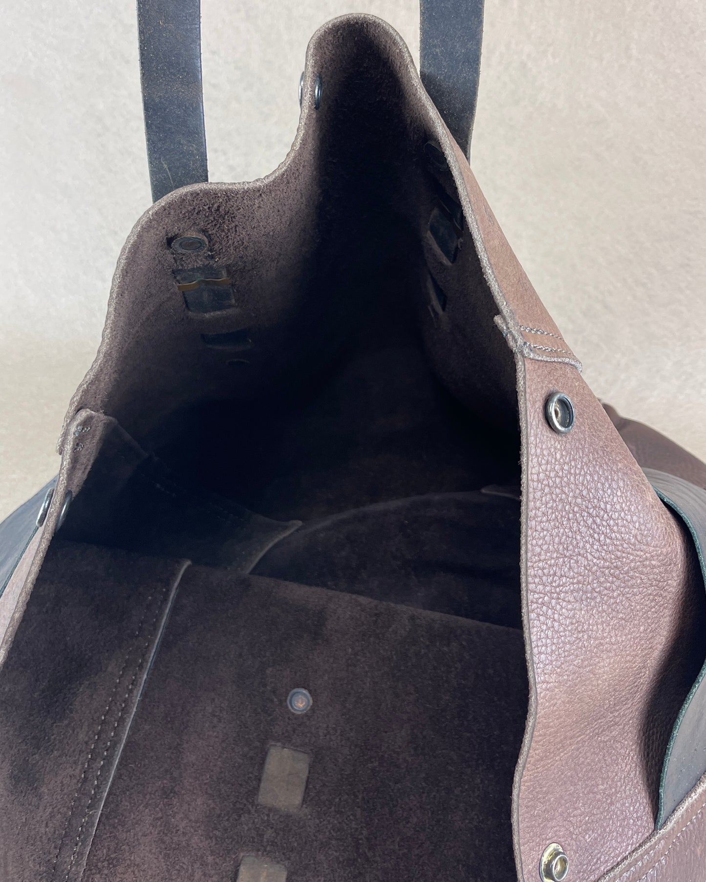 XL Tote - Chocolate x Black Vintage Chaps Leather with Conchos