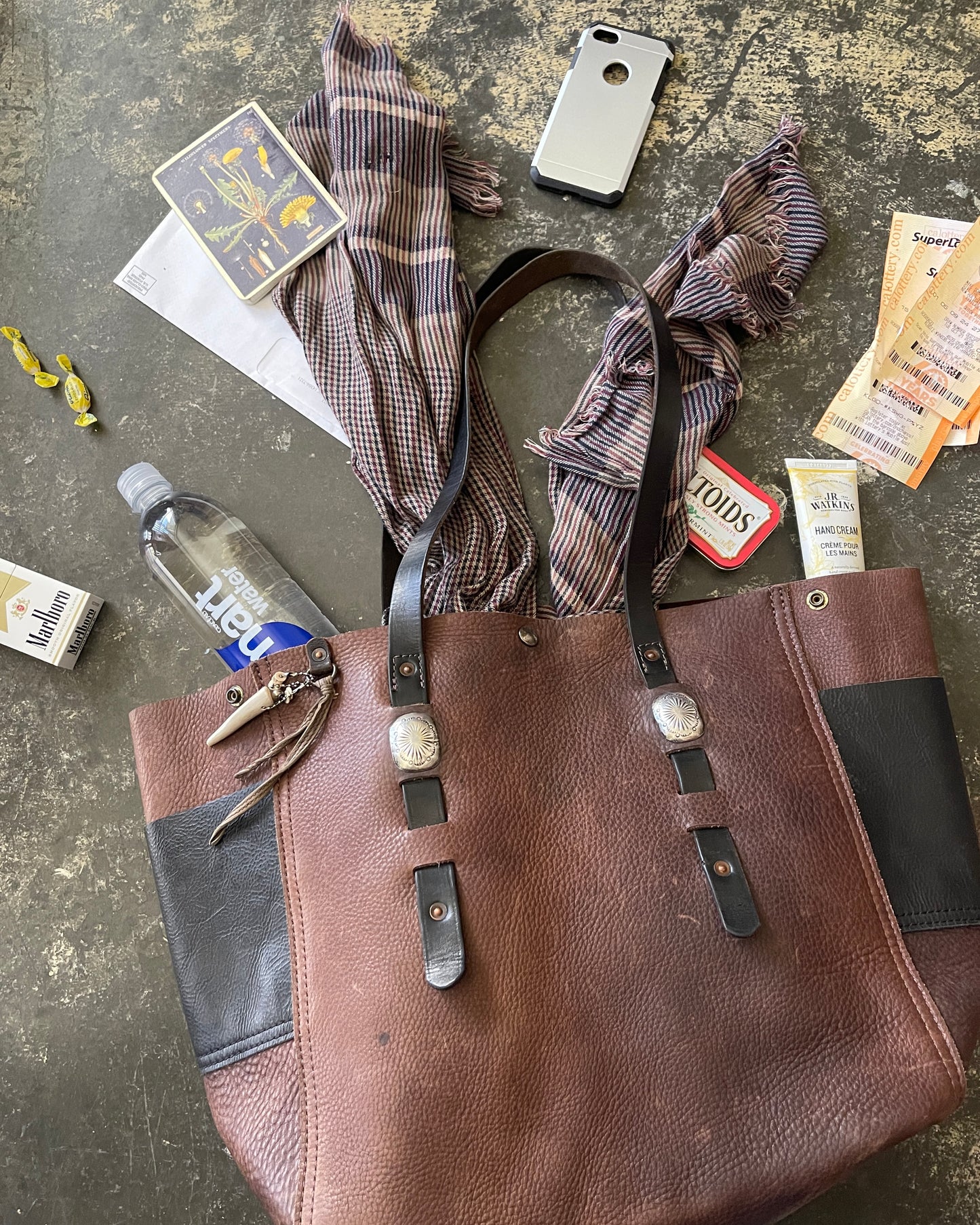 XL Tote - Chocolate x Black Vintage Chaps Leather with Conchos