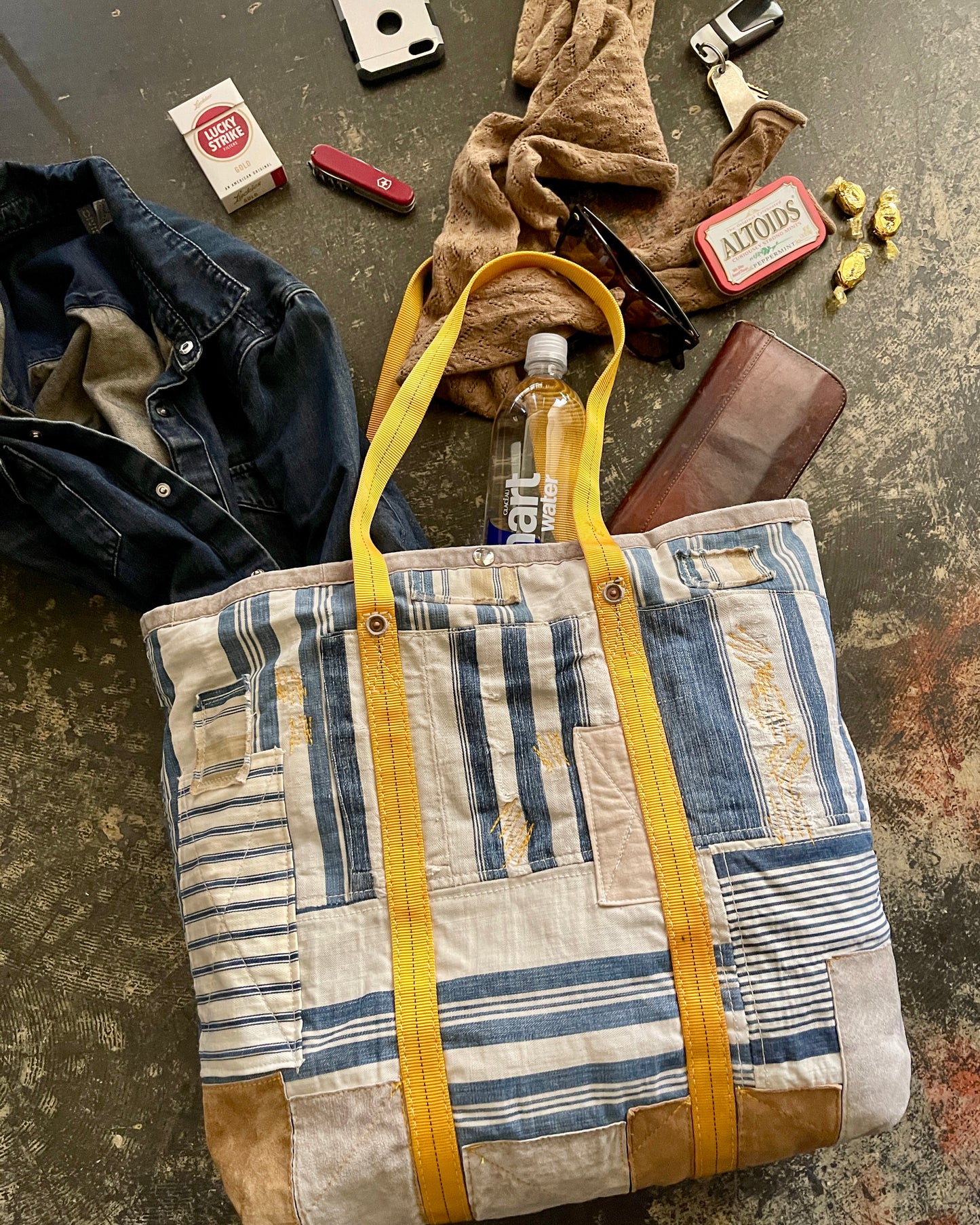 XL Tote - Patched Vintage French Ticking
