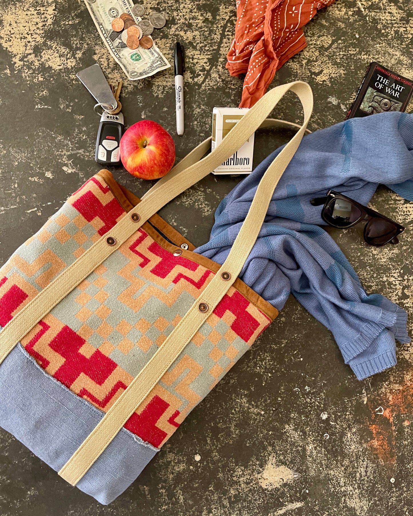 Mini Tote - Vintage Camp Blanket Bluebell/Carmine