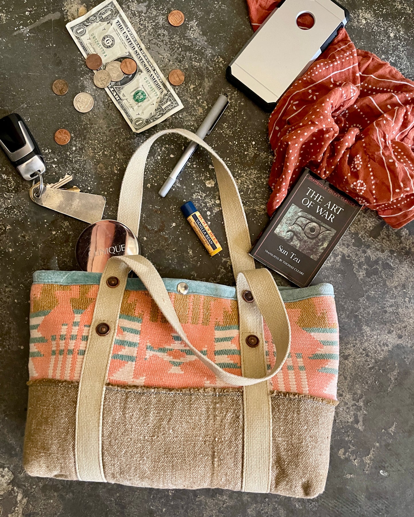 Tiny Tote - Vintage Camp Blanket Aqua/Curry