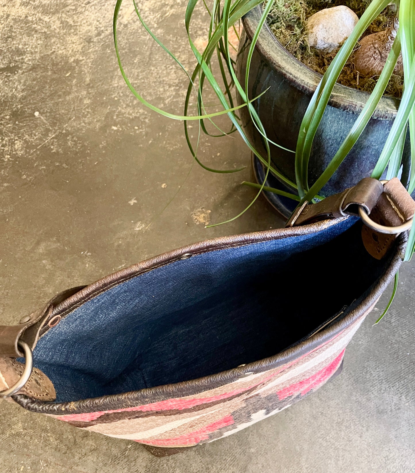 Navajo Weaving x Leather Deep Hobo Bag