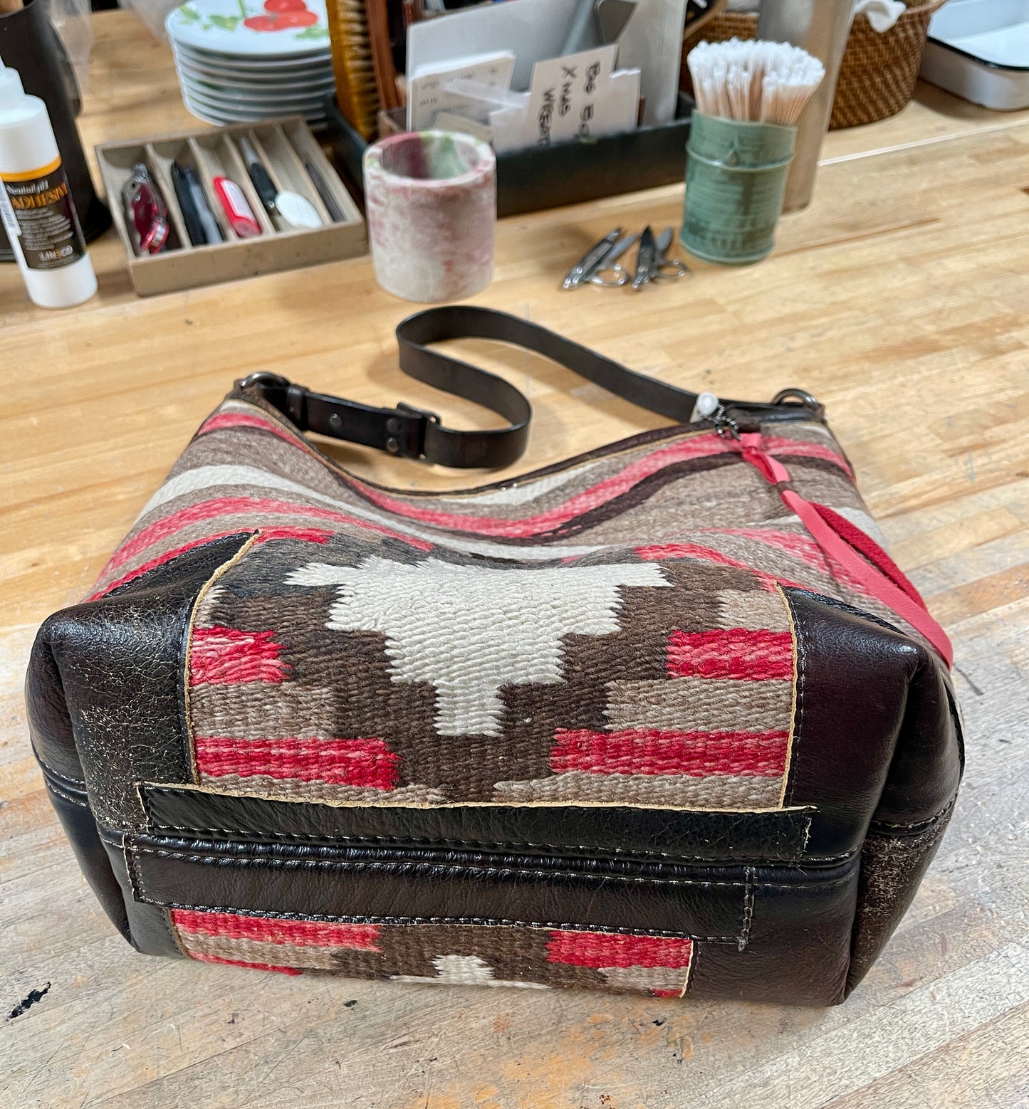 Navajo Weaving x Leather Deep Hobo Bag