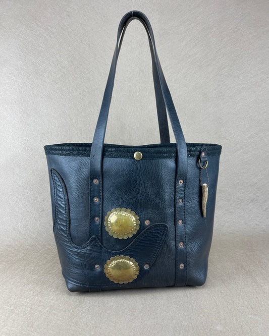 Tote Bag - Vintage Espresso Chaps Leather with Brass Conchos