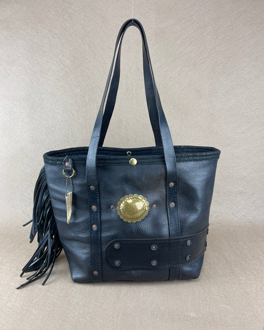 Tote Bag - Fringed Vintage Chaps Leather with Brass Conchos