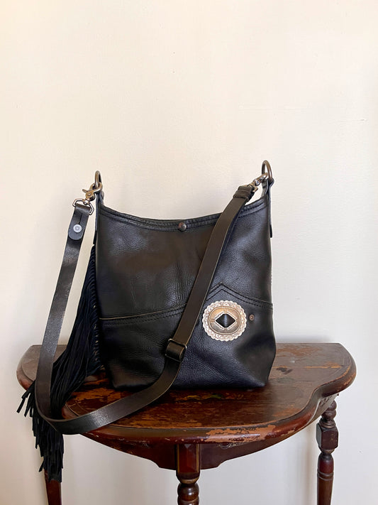 Bucket - Vintage Black Leather - Fringed with Concho
