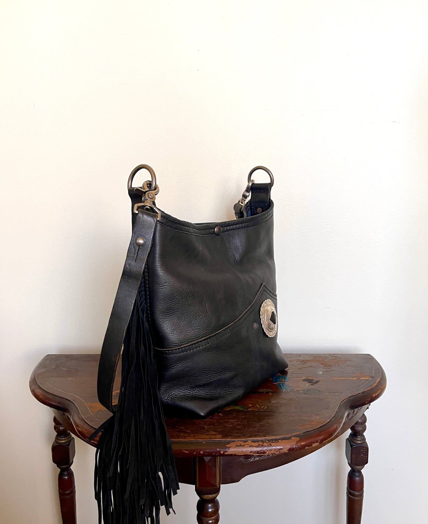 Bucket - Vintage Black Leather - Fringed with Concho