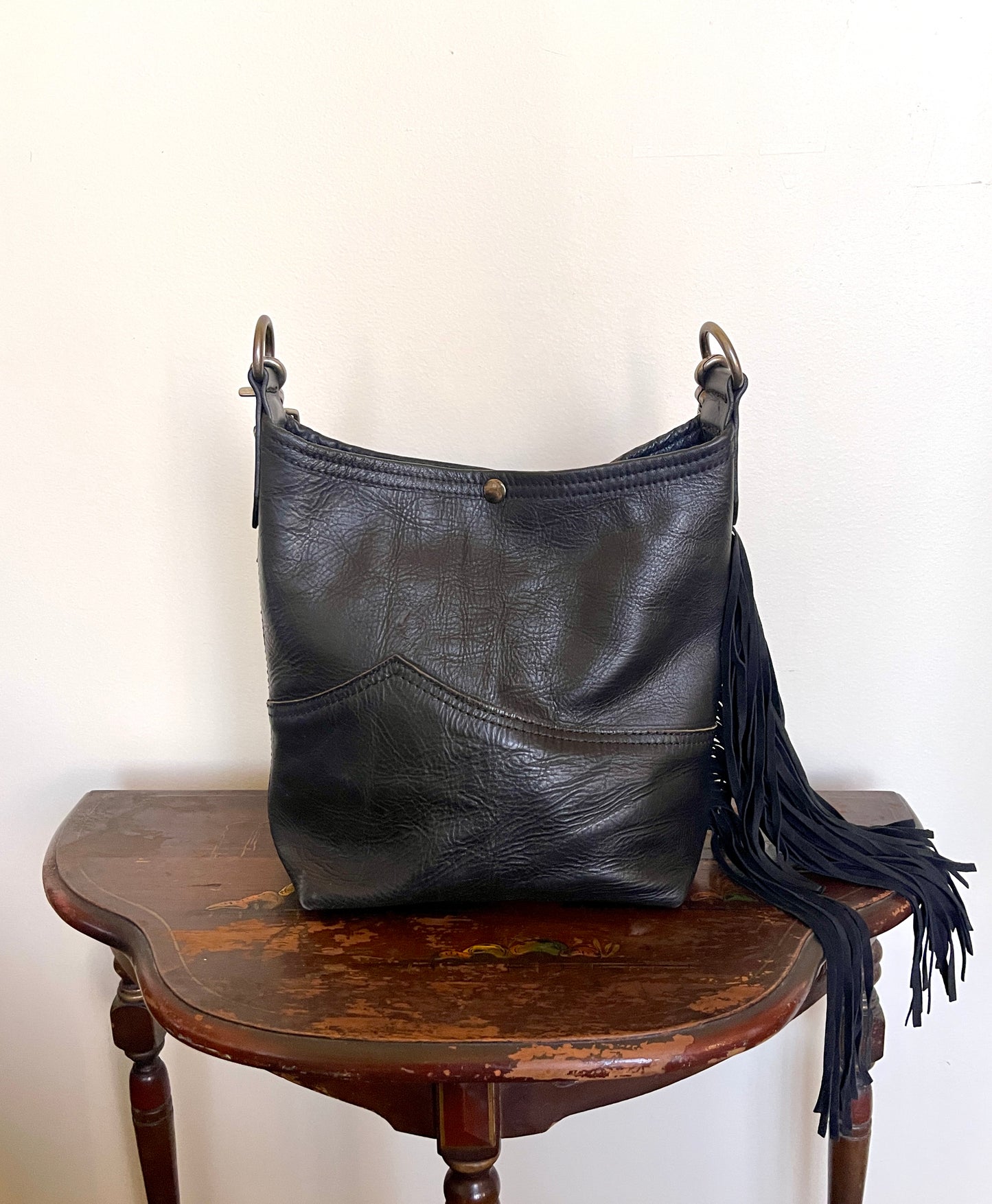 Bucket - Vintage Black Leather - Fringed with Concho