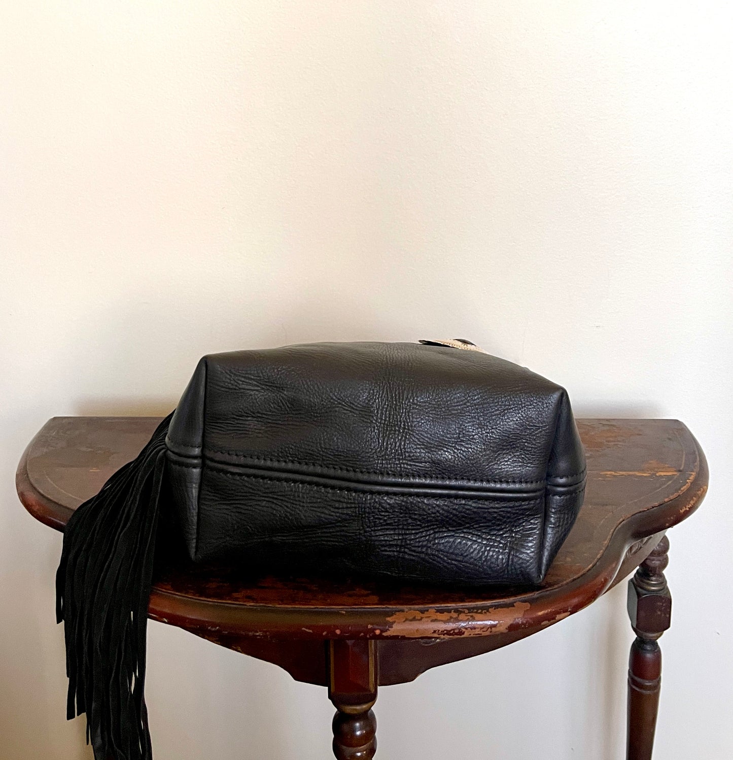 Bucket - Vintage Black Leather - Fringed with Concho