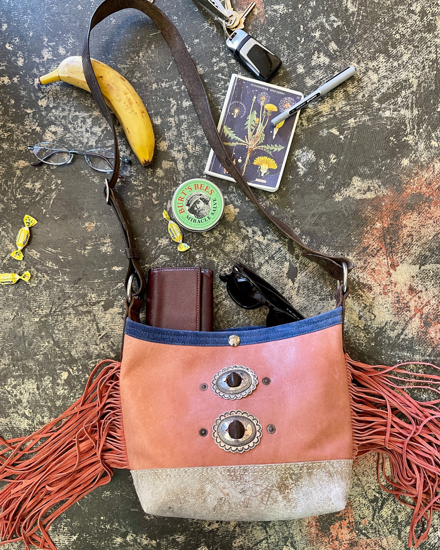 Mini Bucket - Vintage Leather - Fringed with Conchos