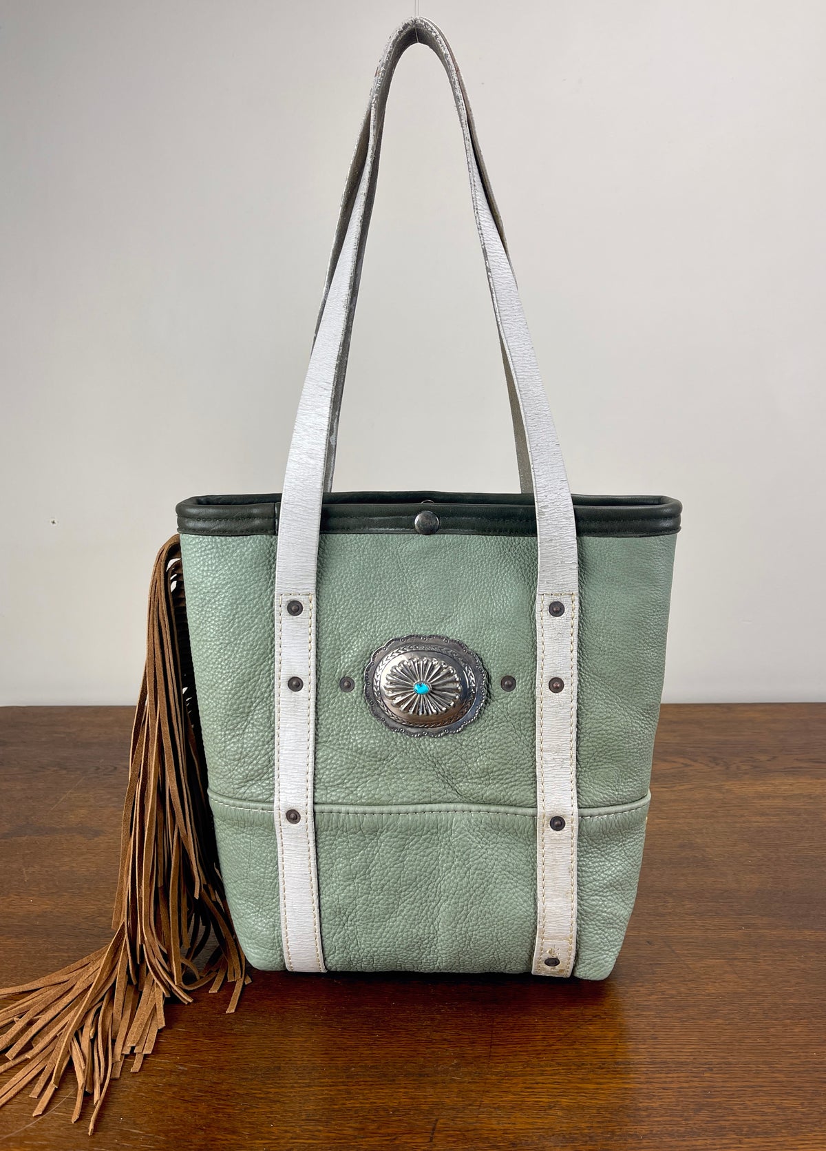 Fringed Vintage Leather Mini Tote - Saddle Tan