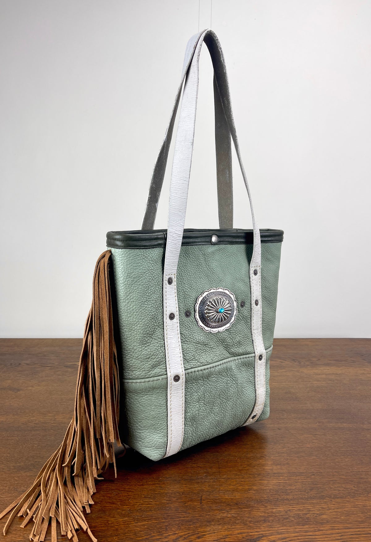 Fringed Vintage Leather Mini Tote - Saddle Tan