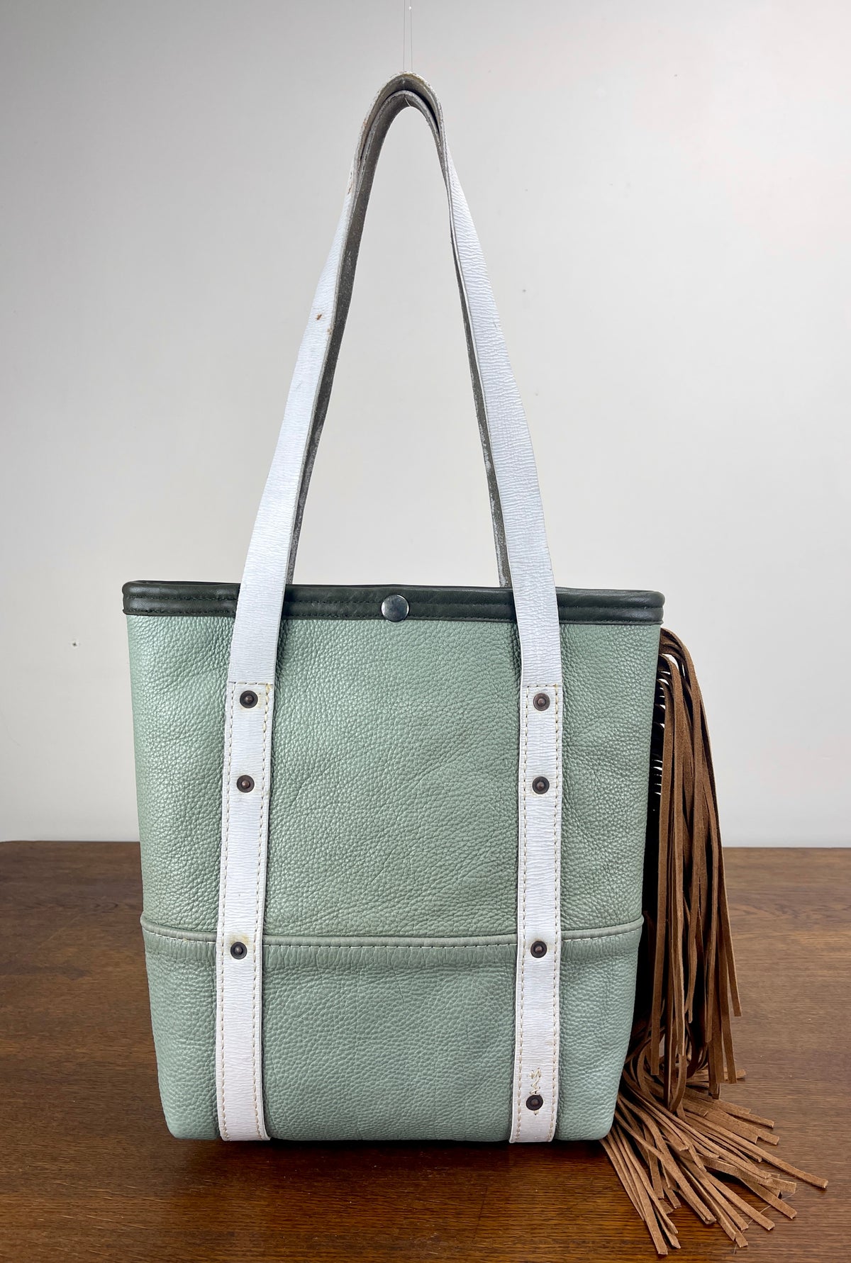 Fringed Vintage Leather Mini Tote - Saddle Tan