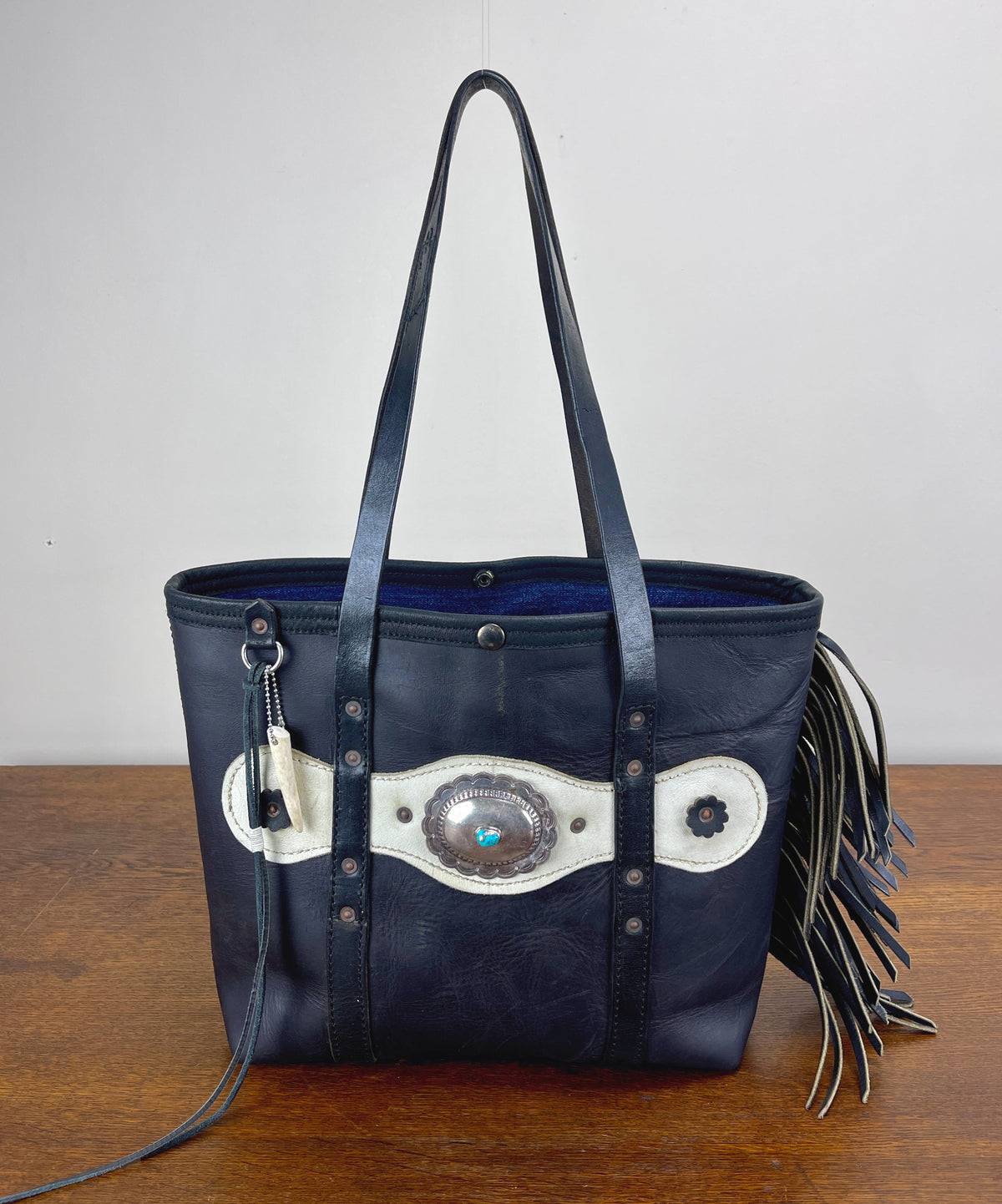 Fringed Black + White Vintage Leather Tote w/Large Conchos
