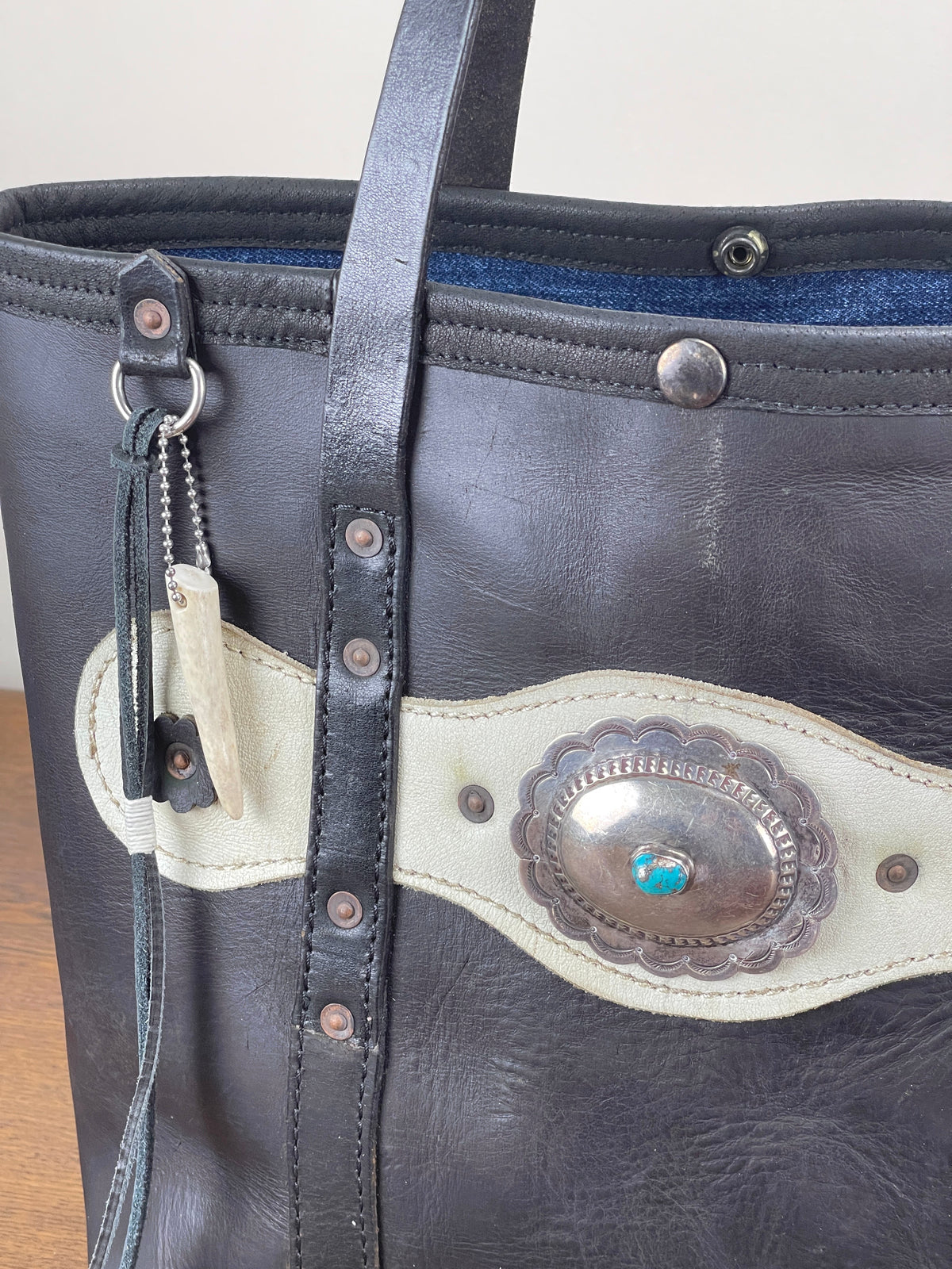 Fringed Black + White Vintage Leather Tote w/Large Conchos