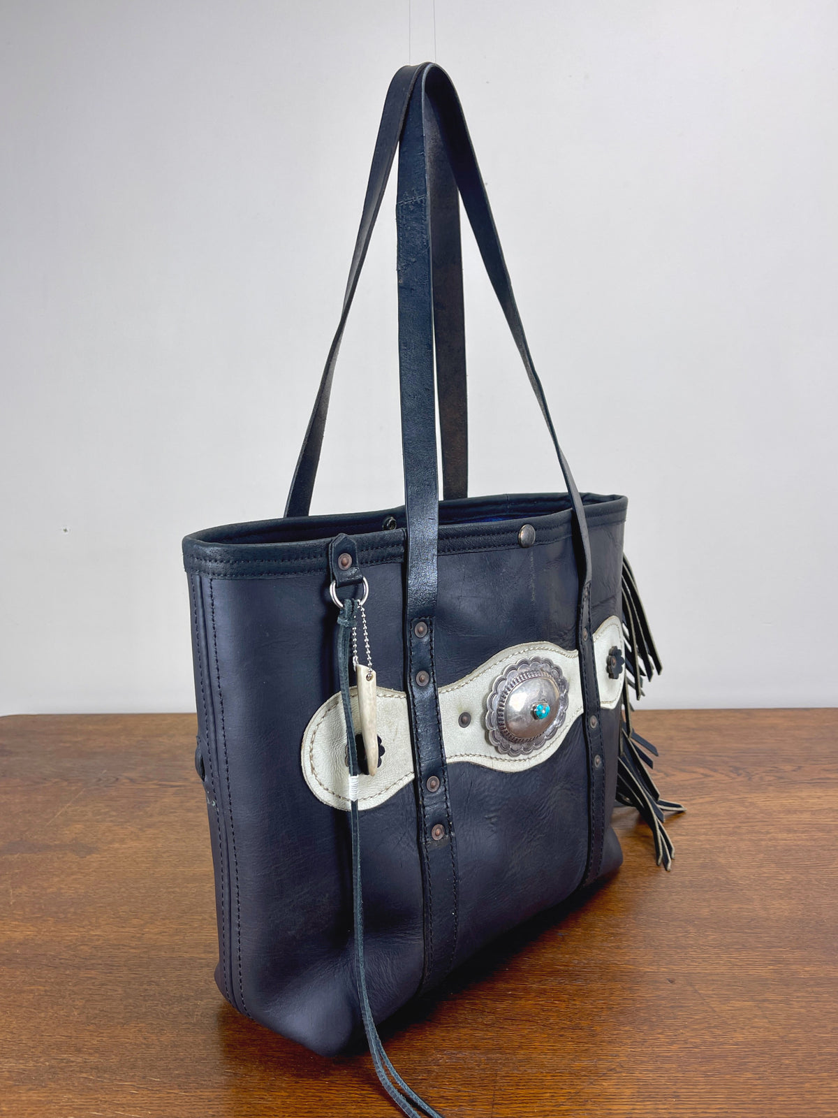 Fringed Black + White Vintage Leather Tote w/Large Conchos