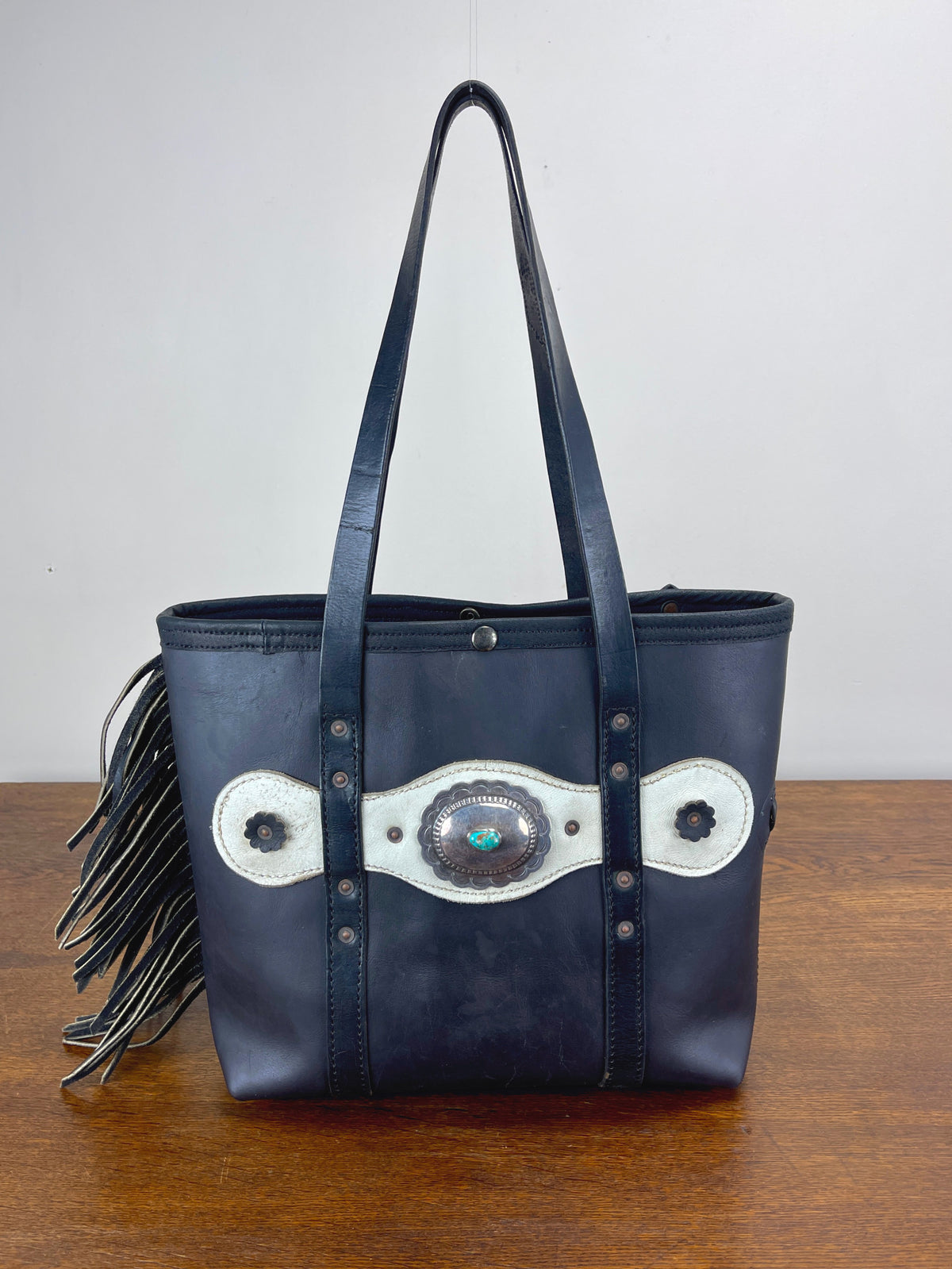 Fringed Black + White Vintage Leather Tote w/Large Conchos