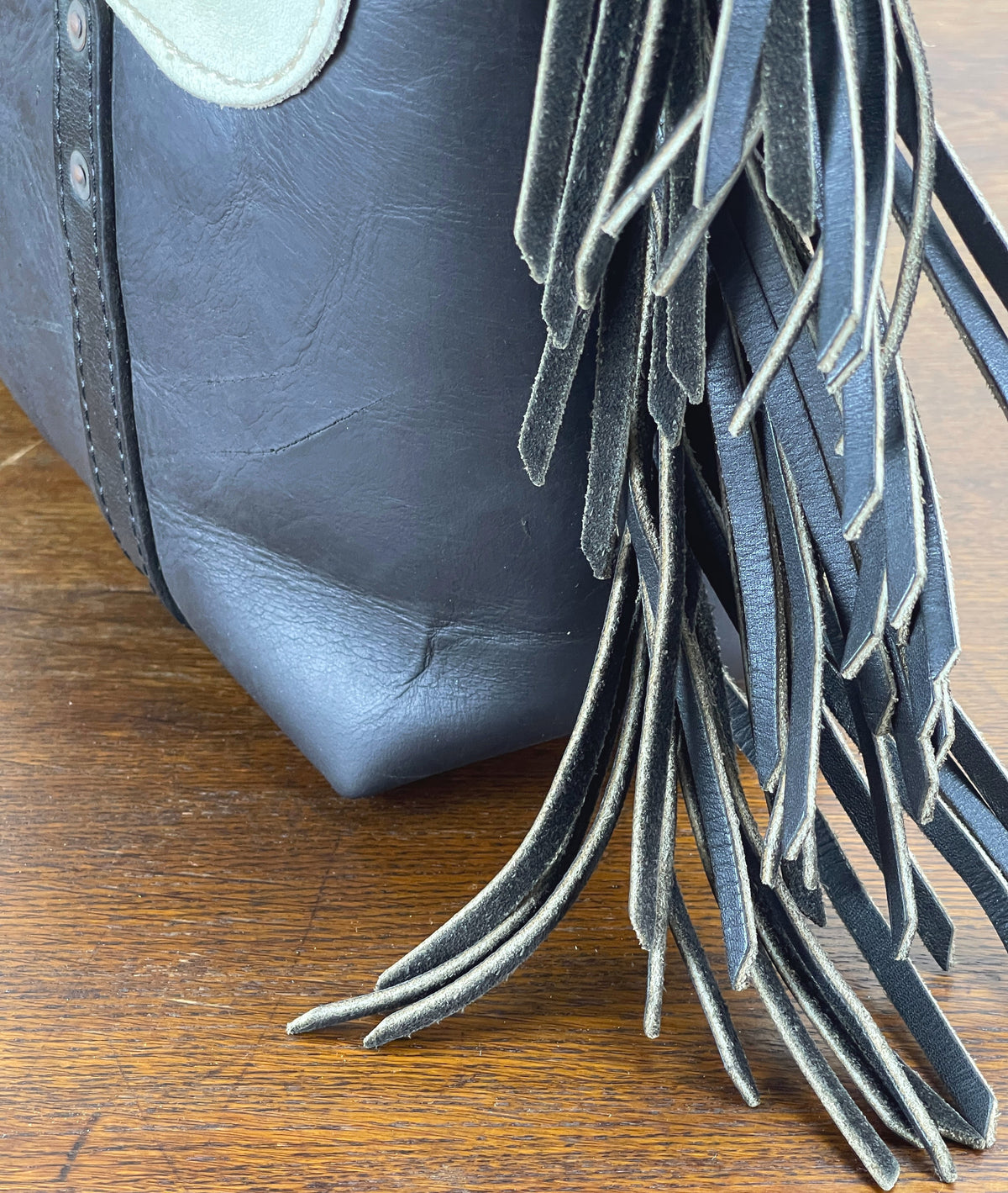 Fringed Black + White Vintage Leather Tote w/Large Conchos
