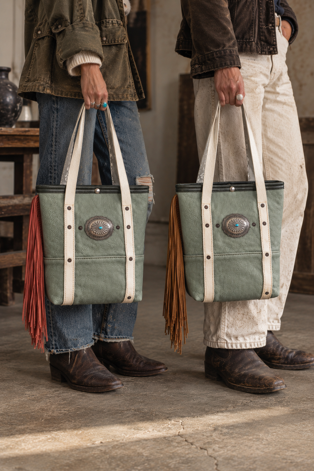 Fringed Vintage Leather Mini Tote - Saddle Tan