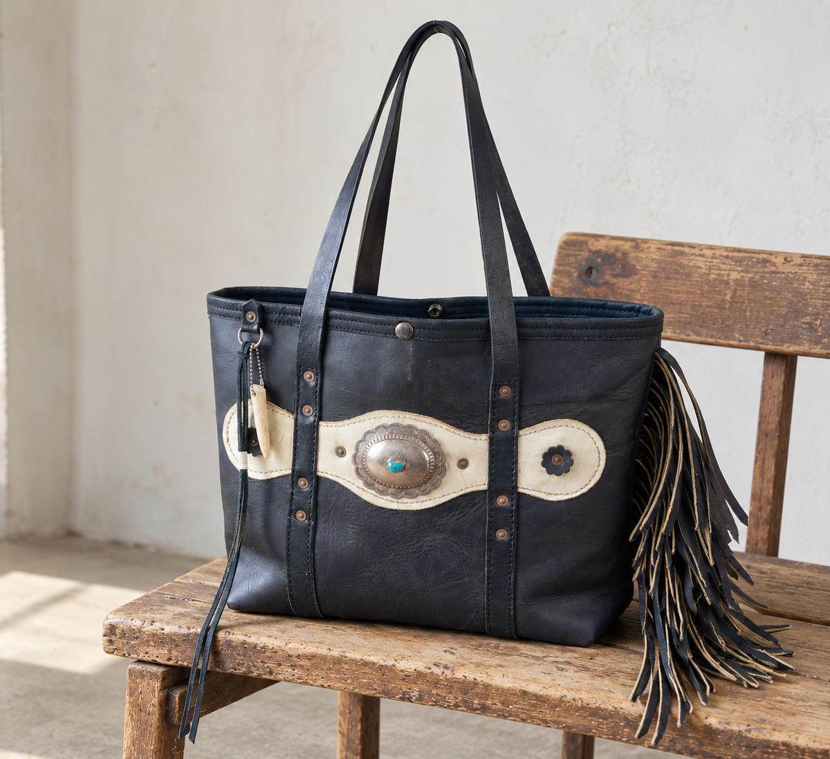 Fringed Black + White Vintage Leather Tote w/Large Conchos